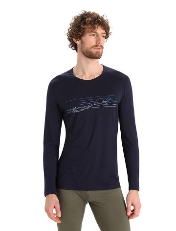 Midnight Navy Icebreaker Merino 200 Oasis Long Sleeve Crewe Ski Stripes Men's Base Layers | AU 1366WNBY